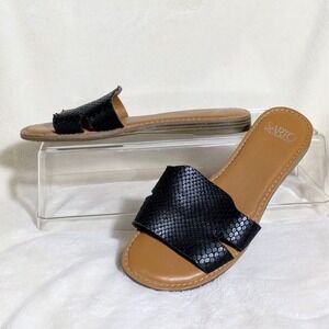 Franco Sarto Ginelle Black Snake‎ Embossed Leather Flat Slide Sandals Size 7.5M